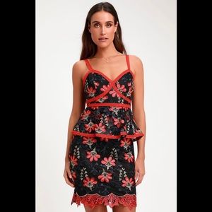 Karina Black & Red Floral Embroidered Peplum Dress